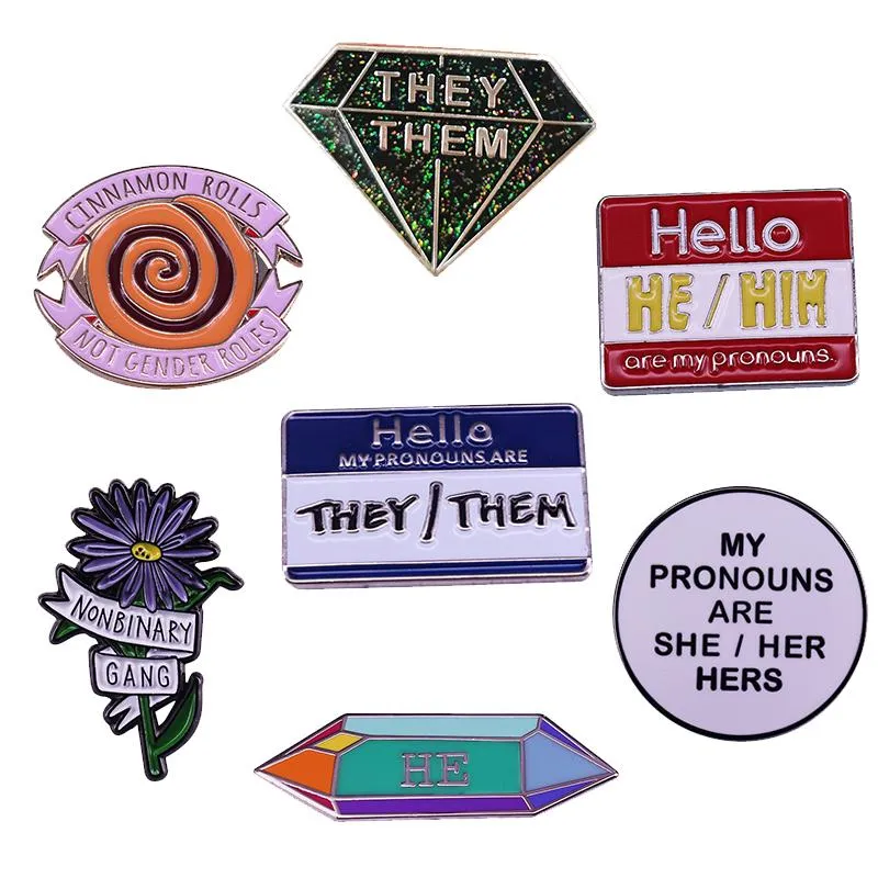 Pins, broscher Nonbinary Gang Kön Jämställdhet Badge Olika pronomen Emalj Pin De dem Han Honom Brosch Mode Pride Smycken