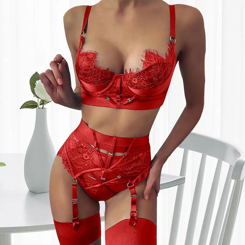 Rouge vert haute qualité dames Sexy Lingerie cils dentelle couture tentation pyjamas porno ceinture soutiens-gorge Sets246N