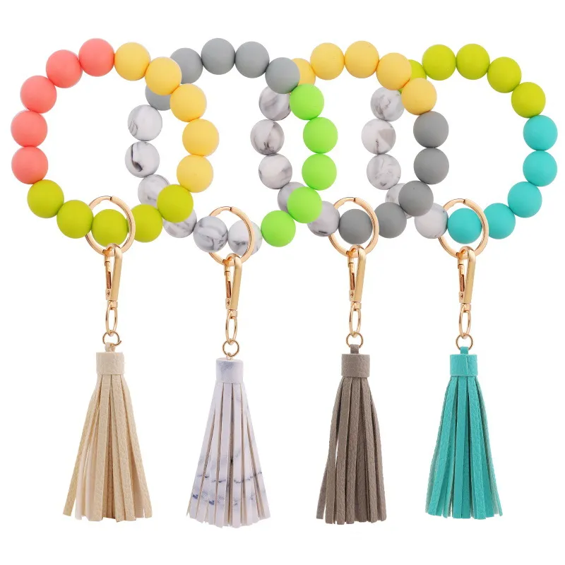 Koraliki silikonowe Bransoletki Breloki PU Leather Tassel Nadgarstek Pierścień Klucze Do Samochodów Ochronna Anti Zagubiona Keyring Łańcuch Akcesoria Rainbow Color Wristlet Bag Charms