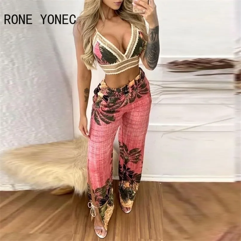 Kobiety Tropical Print Lace Trim Crop Top Slit Pants Ustaw Summer Wakacje Suit 220315