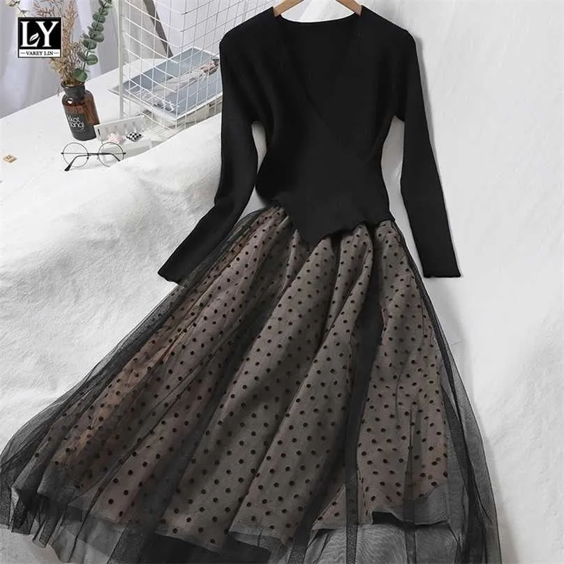 LY Varey Lin Jesień Kobiety Dzianiny Tulle Patchwork Suknie Elegancki Długi Rękaw Polka Dot A Line Black Slim Sukienki 211206