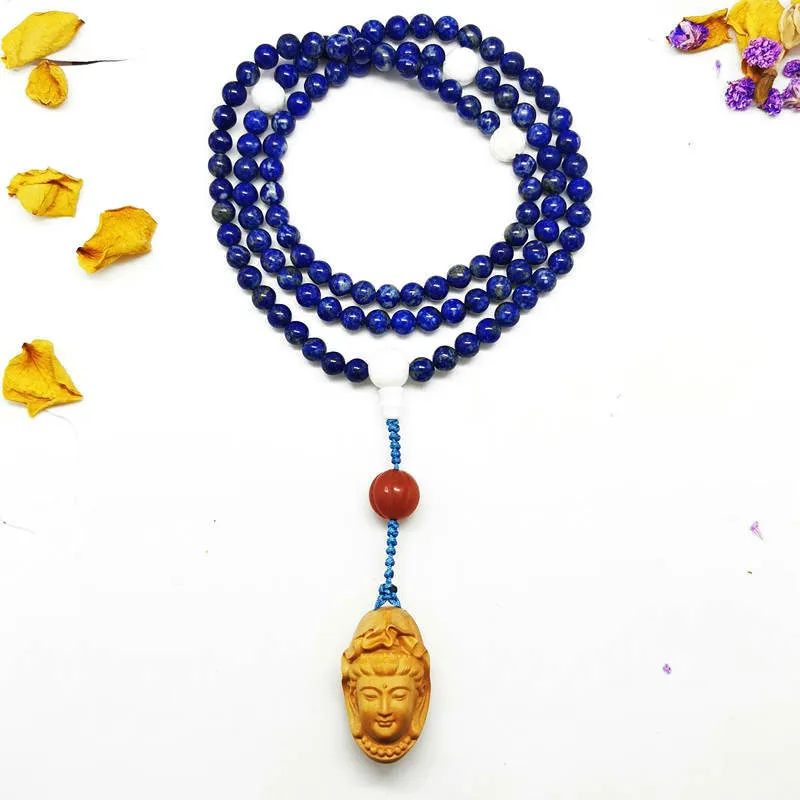 6mm Saf Doğal Donanma Lapis Lazuli 108 Namaz Boncuk Mala Neckalce Bayan Için Ahşap Guanyin Muska Bro506