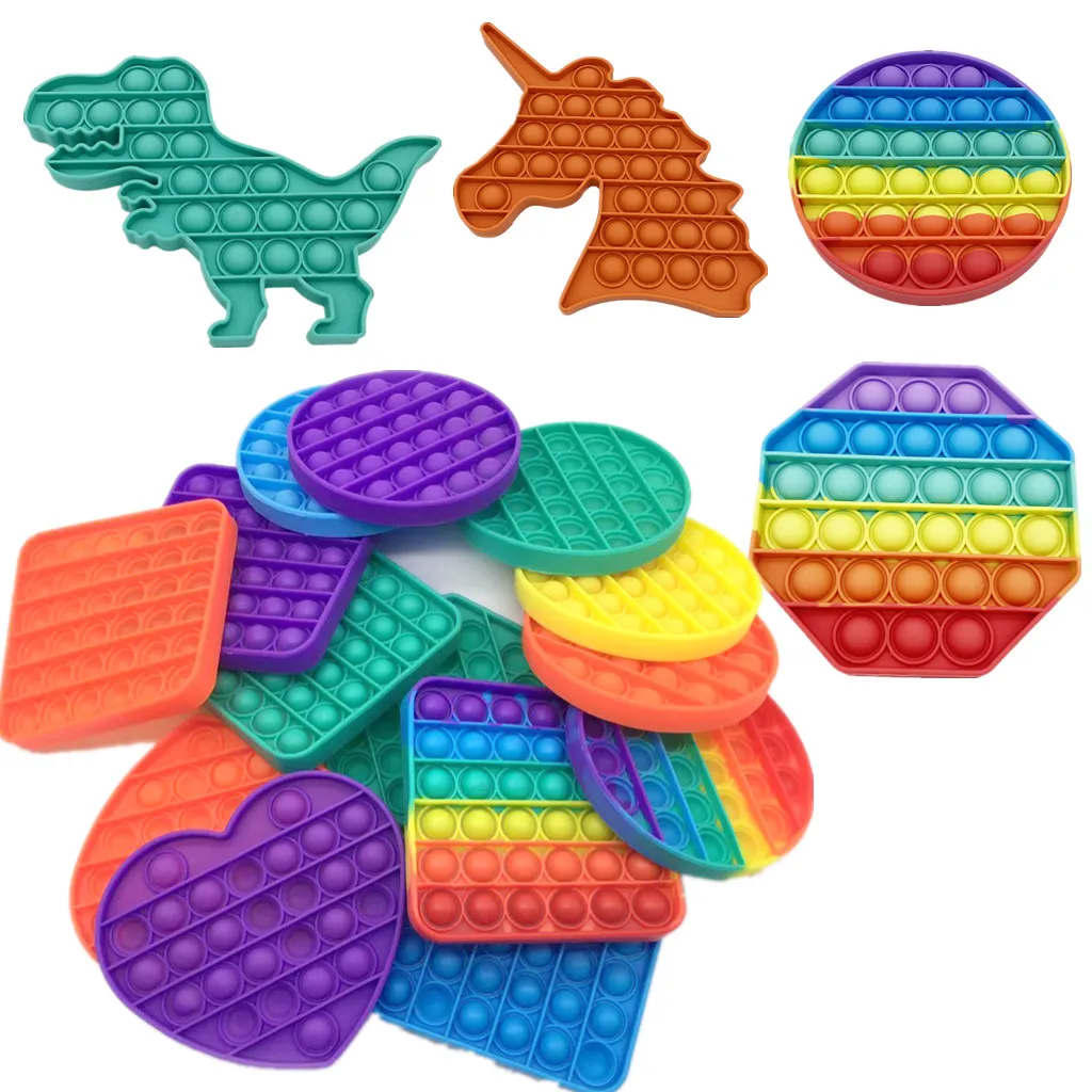 Rainbow Push Pop Hidget Сенсорные игрушки Пузырь Poppers Доска Динозавр Простое Кольцо Ключ Кольцо сжимания Пальца Пазл сжатие a-bean Popper Stop