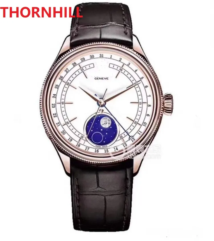 Moonphase ساعة رسمية بيضاء التلقائي رجالي ووتش روز الذهب حالة براون أسود جلد طبيعي حزام الياقوت ساعات ذاتية العناية الذاتية