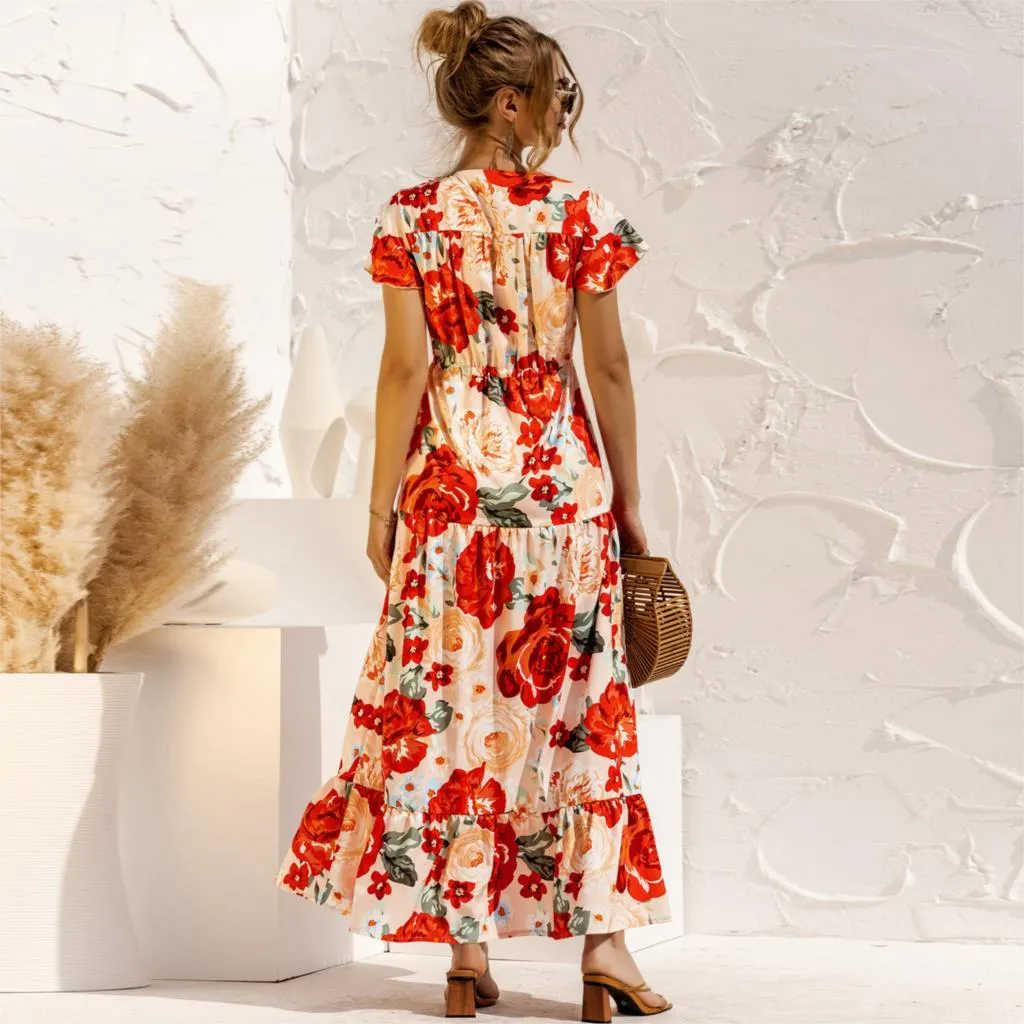 Beautiful Printed-Floral Short Sleeve V Neck Lace-Up Maxi Dress