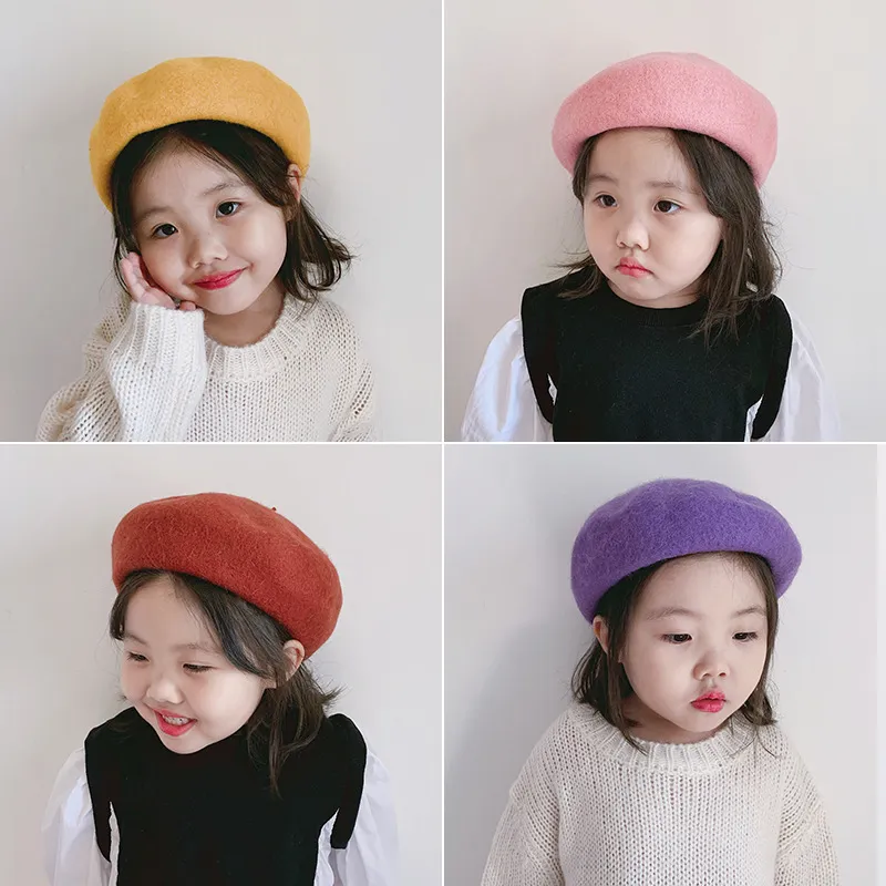 Hiver 2-6 ans filles chaud béret de laine enfants couleur unie casquettes mignonnes enfants chapeaux tout-match 210508