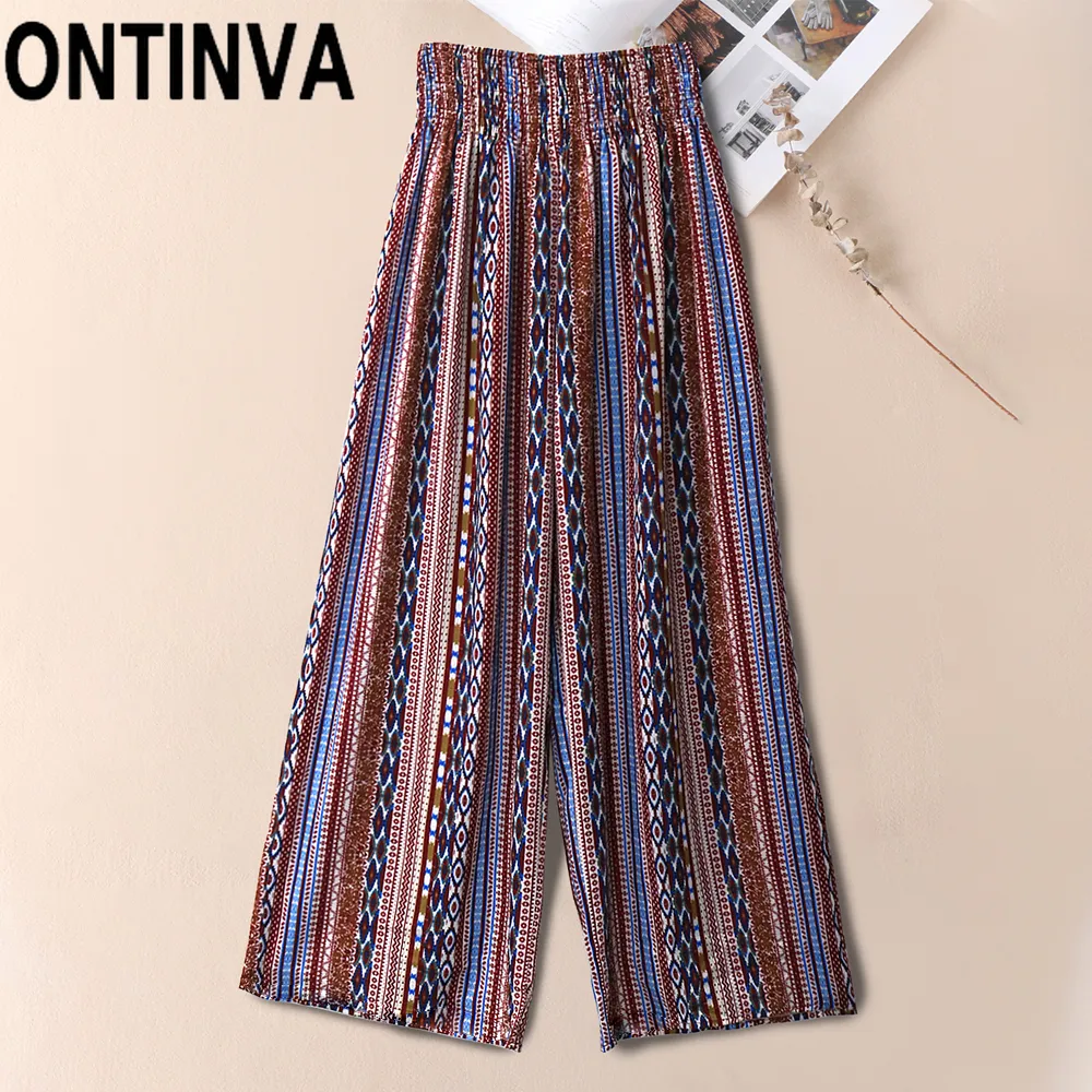 Frauen Tribal Print Geraffte Taille Boho Druck Breite Bein Hosen Damen Sommer Lose Hosen Urlaub Strand Ropa Mujer Neue 210319