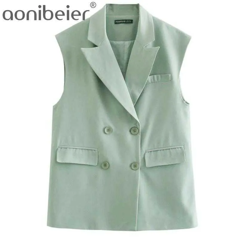 Kvinnor Simply Dubbelbröst Vest Jacket Office Ladies Outfits Wear Casual Suit Waistcoat Fickor Outwear Toppar 210604