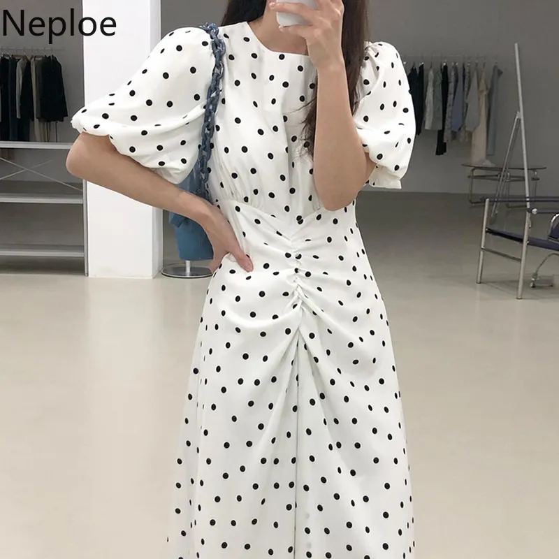 NAPOE Moda Robe Düzensiz Zarif Elbise Kadınlar Yüksek Bel Ince Vintage Vestidos Mujer O-Boyun Fener Kol Polka Dot Elbiseler 210422