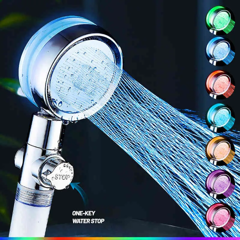 静止柄7色LEDシャワーヘッド止めボタンと綿フィルター節水高圧ハンドヘルドシャワーノズルH1209