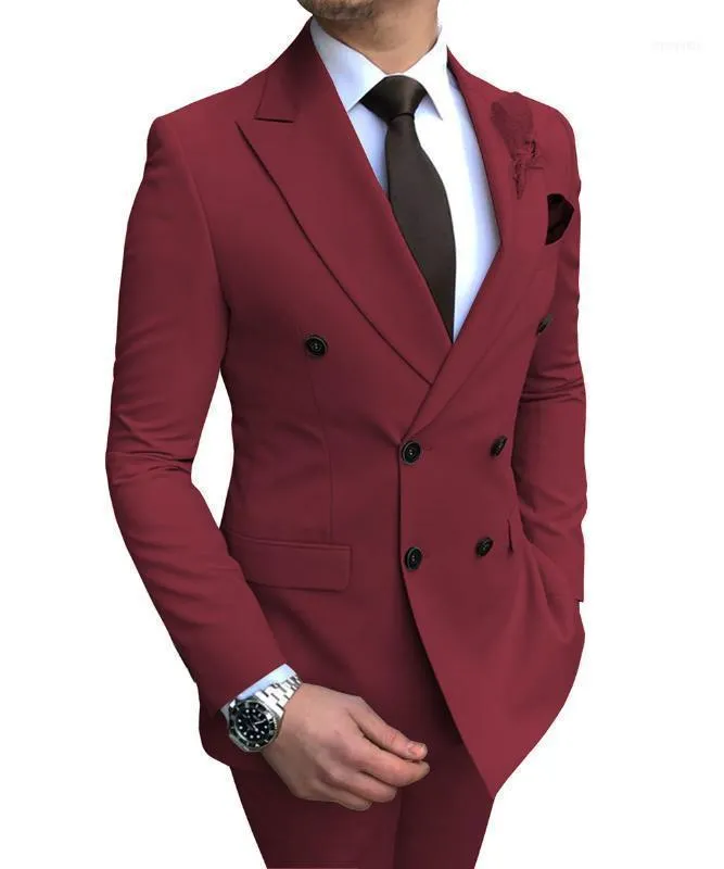 Men's Suits & Blazers Burgundy Suit 2 Pieces Double-breasted Notch Lapel Flat Casual Tuxedos For Wedding(Blazer+Pants)1