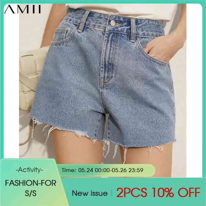 Minimalism sommar mode denim kvinnors shorts casual 100% bomull fast split hög midja raka byxor 12140213 210527