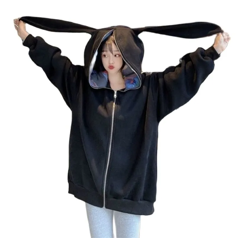Harajuku Kawaii Bunny Ohren Hoodie Frauen Mode Top Mantel Winter Warm Übergroße Lose Dicke Zip Up Sweatshirt Mädchen Nette Kleidung 210813