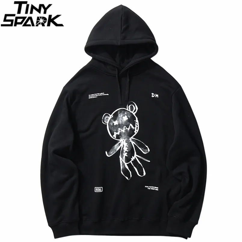 Męskie Hip Hop Hootie Streetwear Bluza Śmieszne Ranny Niedźwiedź Drukuj Black Pullover Bawełna Polar Bluza Harajuku 210819