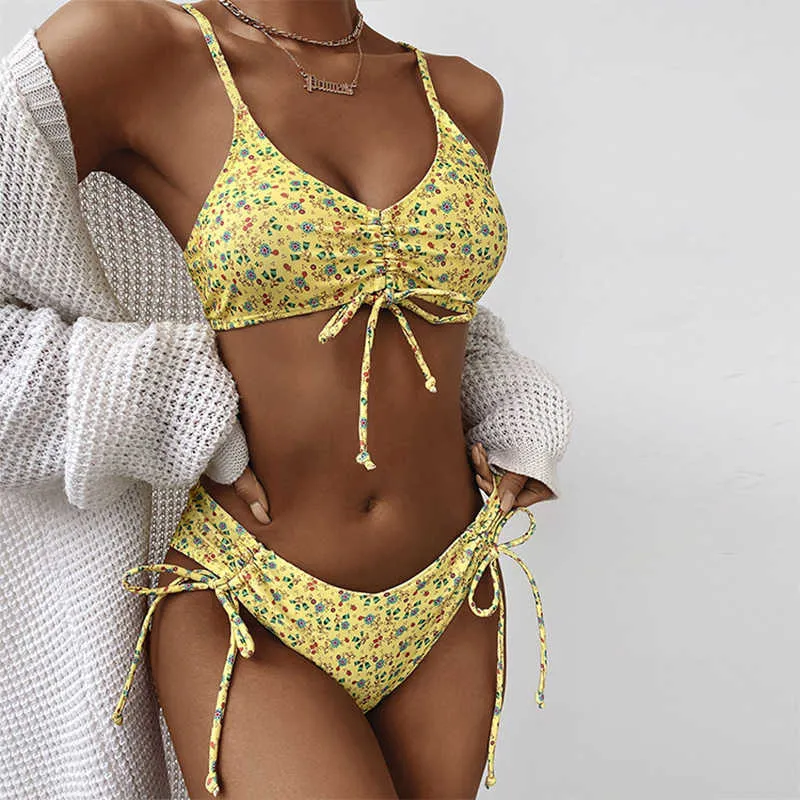 Sexy floral print swimwear 2021 Bandeau push up bikini set String high cut swimsuit women Yellow swimming Bathing suit Swim suit Y0820