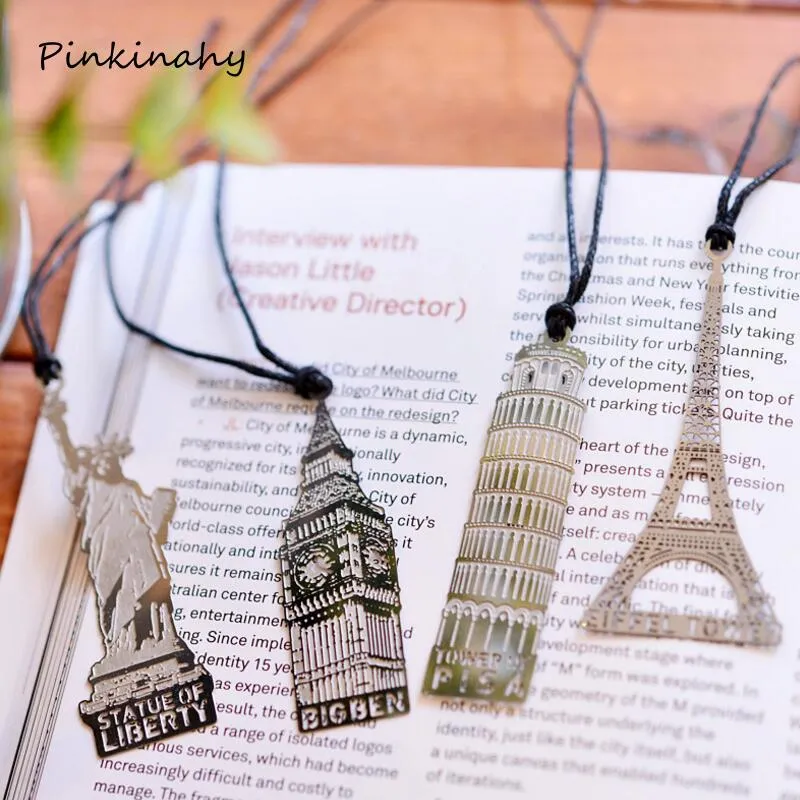 Bokmärke Creative 4 PCS/Lot Eiffel Tower Big Ben Pisa Staty of Liberty Hollow Metal Bookmarks for Book Kids Gift Korean