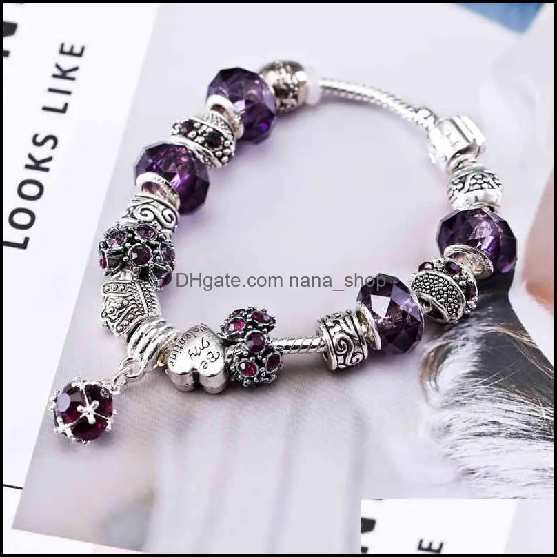 Valentine`s Day Bracelet Panjia Beaded gifts Amethyst Diamond Tibetan sier crown love jewelry