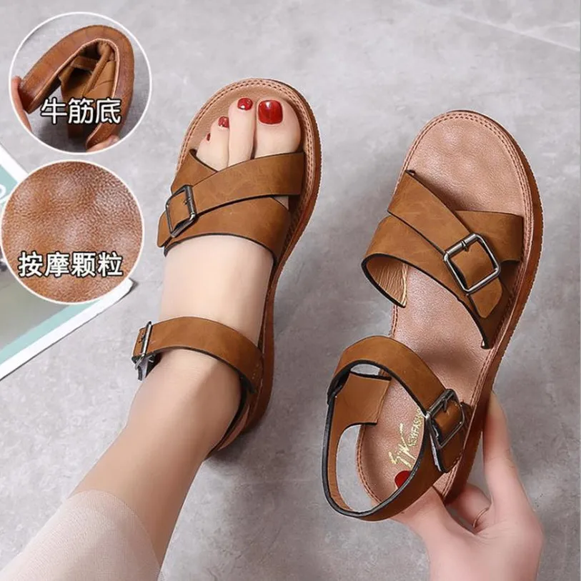 Meilleure qualité été dames chaussures et sandales Tendon semelle femmes sandales plates chaussures romaines chaussures de plage décontracté PU semelle souple sandales