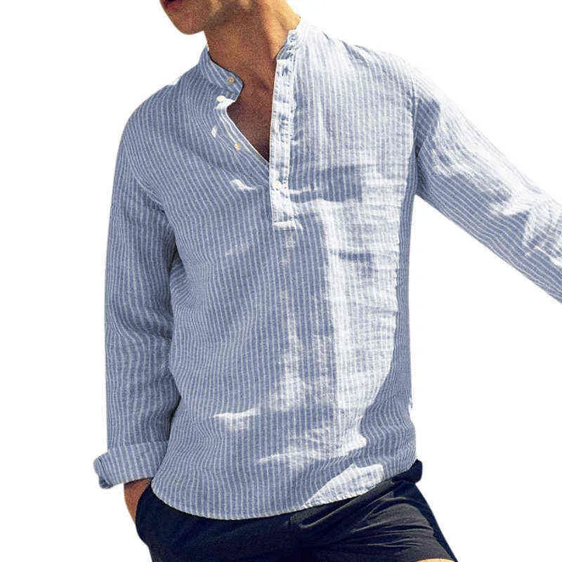 Moda Bahar Yaz Rahat erkek Gömlek Pamuk Uzun Kollu Çizgili Slim Fit Standı Yaka Gömlek S-5XL Artı Boyutu G0105