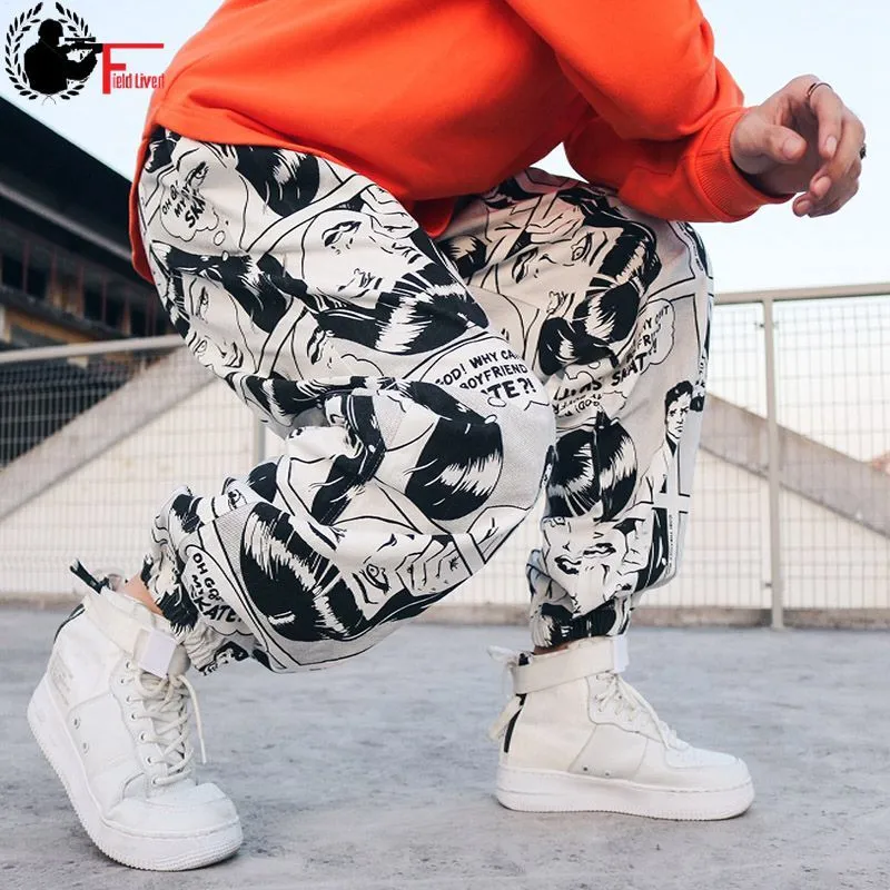 Pantaloni Harem Hip Hop Pantaloni larghi con stampa grafica da uomo Pantaloni larghi in cotone streetwear Pantaloni maschili Hiphop Dance con cavallo basso 210518
