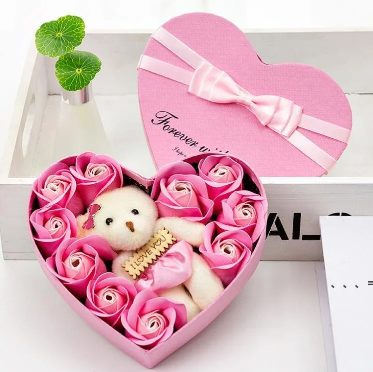 NEWFedex 10 Fleurs Savon Fleur Cadeau Rose Boîte Ours Bouquet pour 2022 Saint Valentin Décoration De Mariage Cadeau Festival Boîte En Forme De Coeur ZZD130