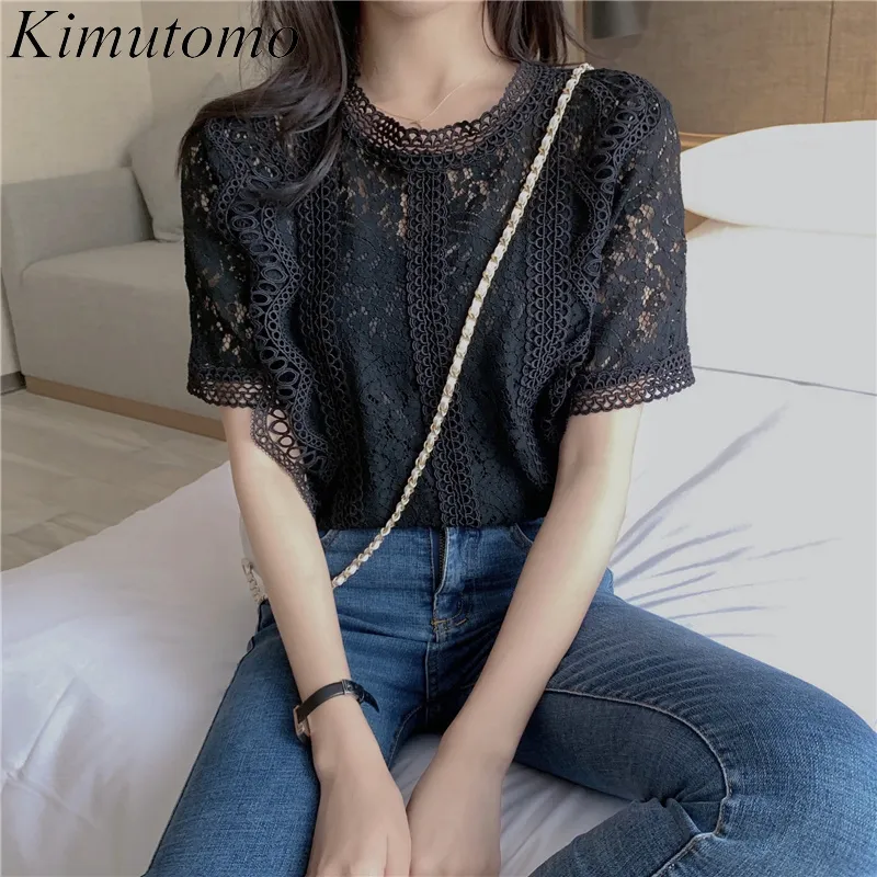 Kimutomo Femmes Mode Chemises Corée Chic Crochet Fleur Évider Dentelle Vêtements Femme O-cou Sauvage À Manches Courtes Tops Élégant 210521