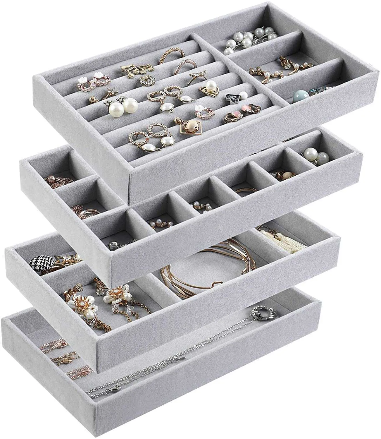 4pcs/lot Jewelry Organizer Velvet Jewelry Storage Tray Display Ring Bracelet Necklace Storage Box Showcase Drawer 211012