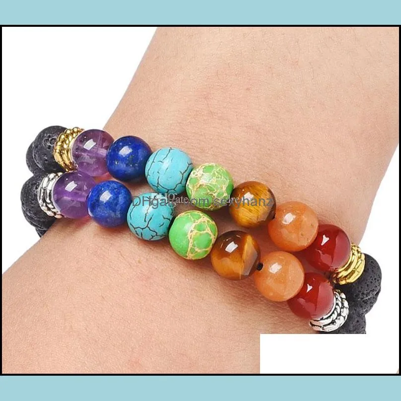 Tree of Life 7 Yoga Chakra Natural Stone bracelet strand adjustable lava beads Essential Oil Diffuser Bracelets Fashion Jewelry for Women Men