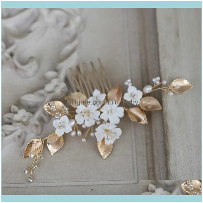 Bijoux délicat porcelaine fleur petit peigne épingles de mariée pièce feuille d'or mariage casque à la main femmes perles cheveux bijoux livraison directe 2