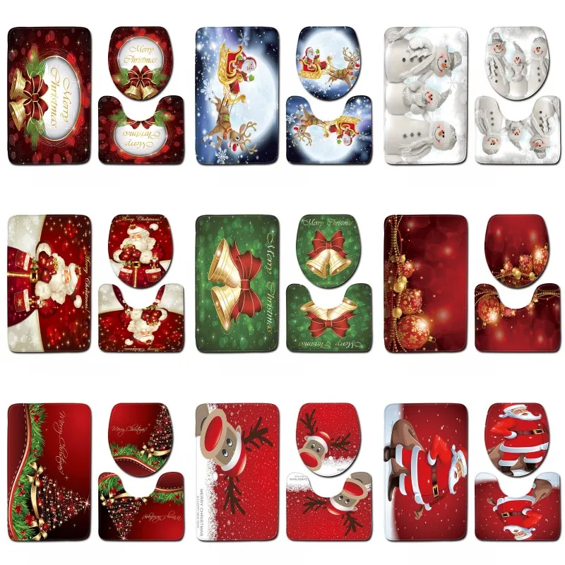 Joyeux noël Elk Santa salle de bain imperméable rideau de douche piédestal tapis couvercle tapis toilette couverture tapis de bain ensemble