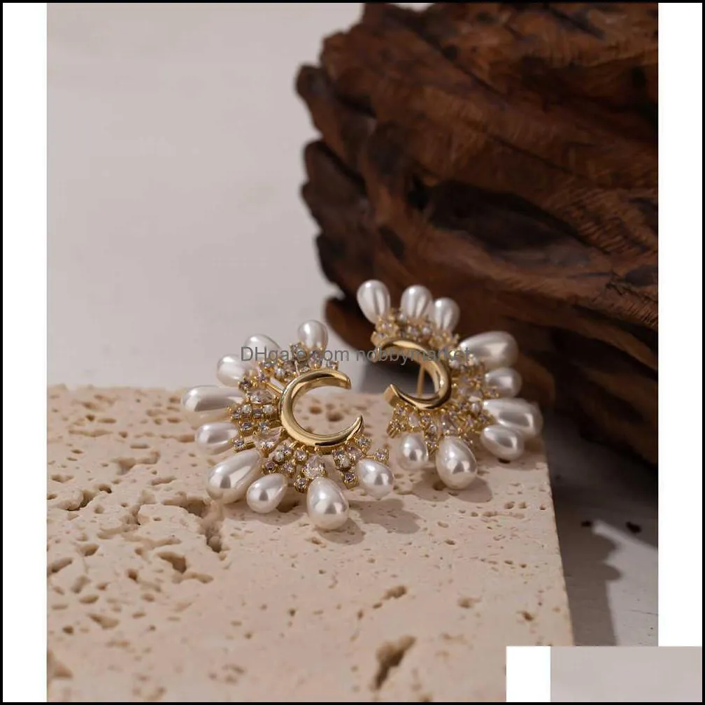 Yhpup Korean Imitation Pearls Flower Stud Earrings for Women High Quality Exquisite Cubic Zirconia Jewelry Earrings Bijoux Femme