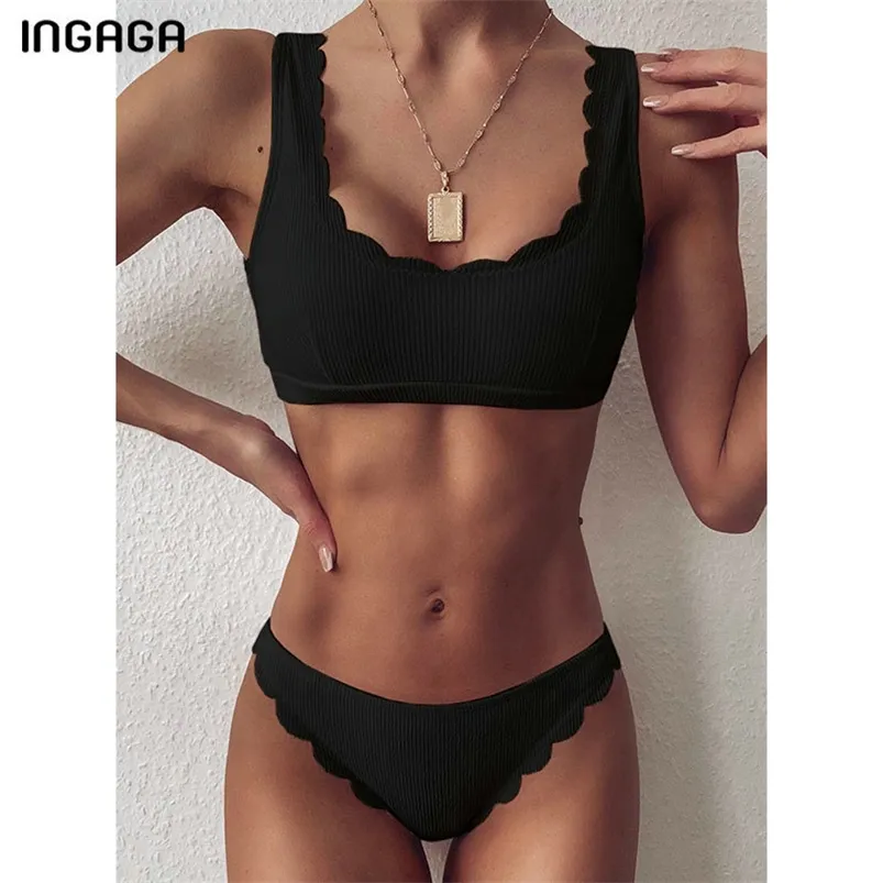 INGAGA Push Up Bikinis Trajes de baño Negro Traje de baño Mujer Festoneado Traje de baño Sólido Acanalado Biquini Bikini Set Bañistas 210629