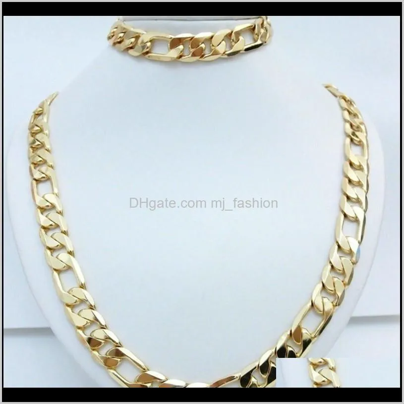 24k yellow gold filled men`s necklace +bracelet set figaro curb chain 20``/22``/24``26`` shipping