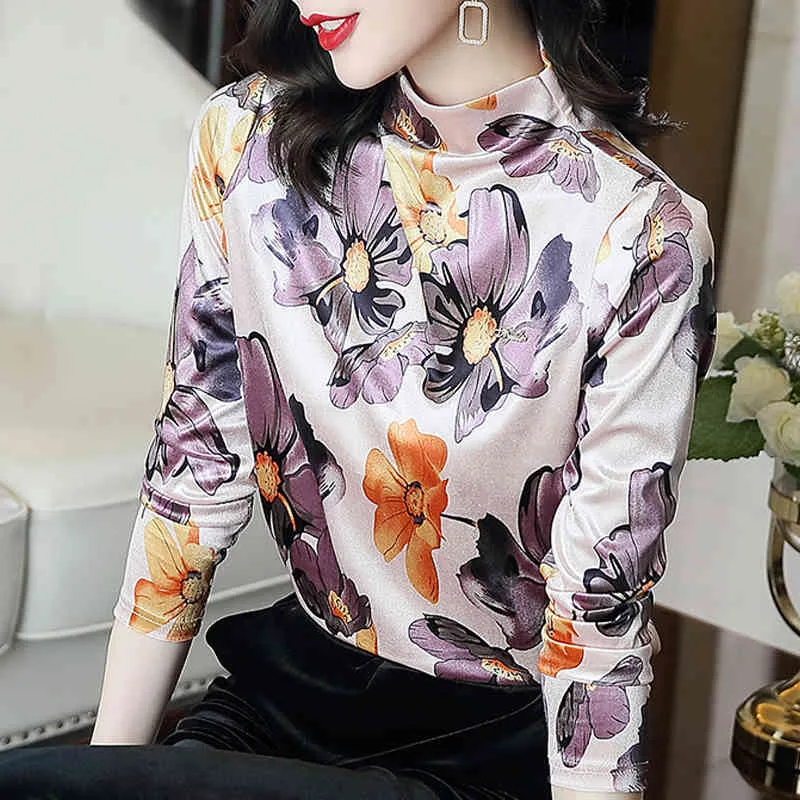 Inverno de manga comprida de veludo camisa camisa tops blusa de mulher mulheres turtleneck floral impressão blusa mulheres roupas blusa d724 210426