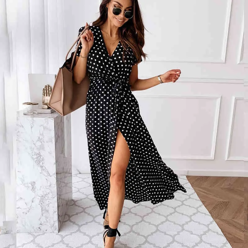 Sexy V-Neck Printing Split Midi Abito per donna Estate Moda Polka Dot Plus Size Bohemian Beach Beach Vacanze Abiti lunghi X0521