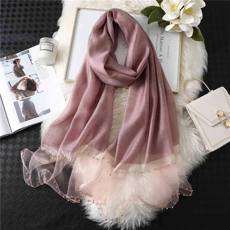 2020 Sommar Kvinnor Silk Scarf Mode Lång Storlek Sjalar Lady Wraps Designer Pashmina Beach Stoles Pearl Foulard Kvinna Organza