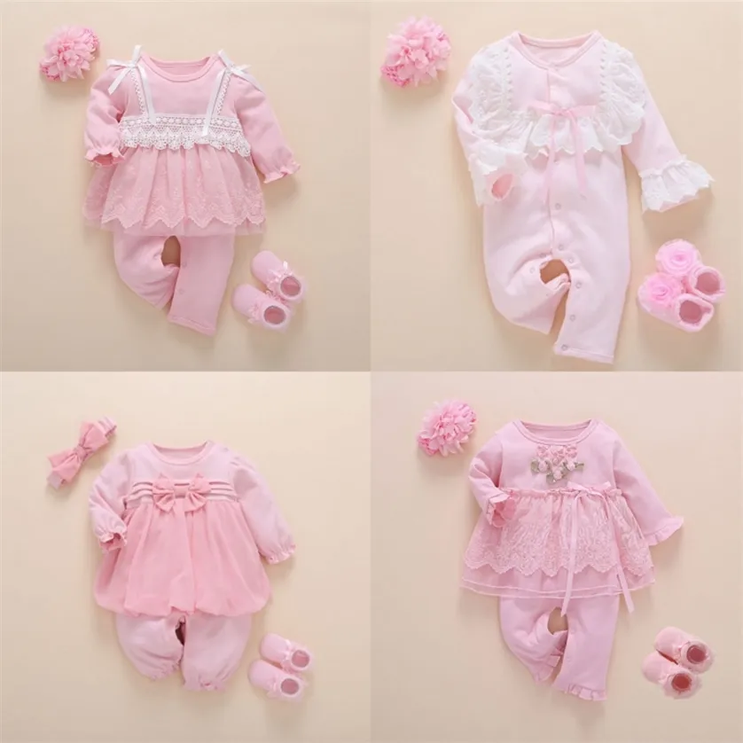 born Baby Girl Clothes Fall Cotton Lace Princess Style Jumpsuit 0-3 Months Infant Romper With Socks Headband ropa bebe 220211