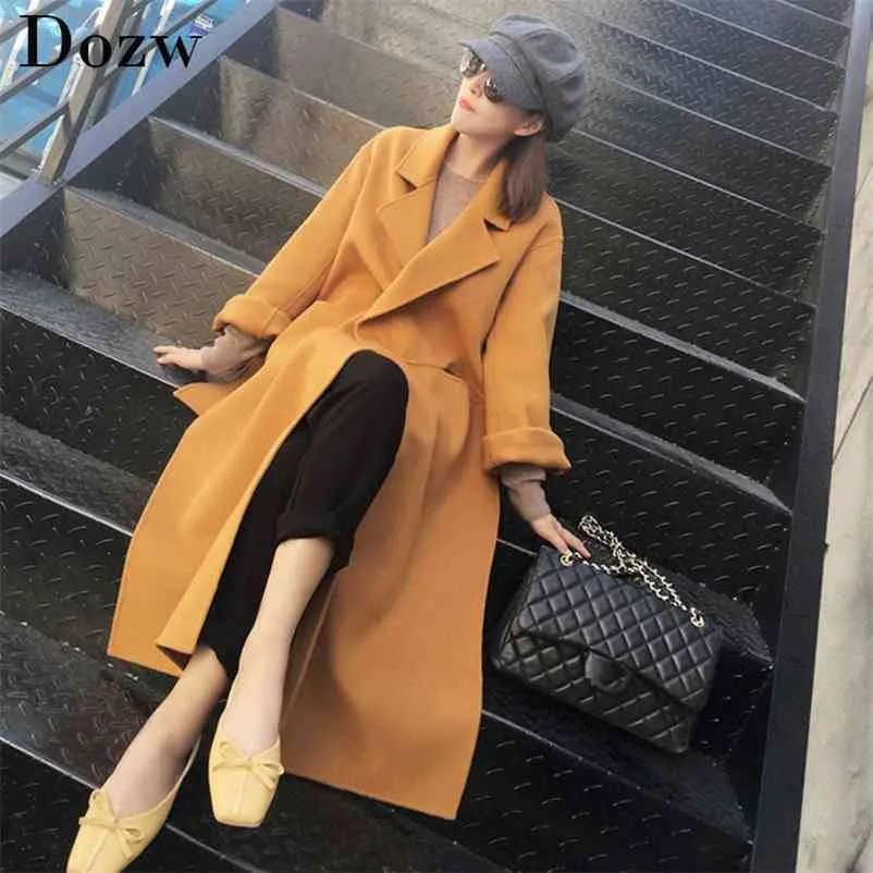女性のロングウールコート冬のファッション暖かいウールの混合女性の緩いバットスリーブソリッドカラーエレガントな至近210515