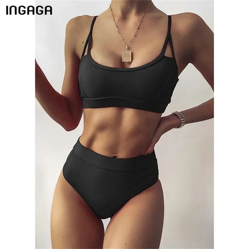 INGAGA Hohe Taille Bikinis Gerippte Damen Badeanzug Bademode Frauen Cut Out Badeanzüge Push Up Biquini Schwarz Set 210702