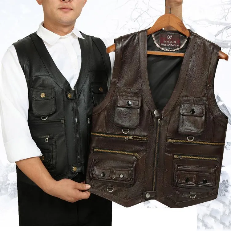 Gilet da uomo Gilet in vera pelle di vacchetta Gilet marrone da uomo Giacca senza maniche da uomo Spessa Moto Taglie forti Cappotti con cerniera multitasche