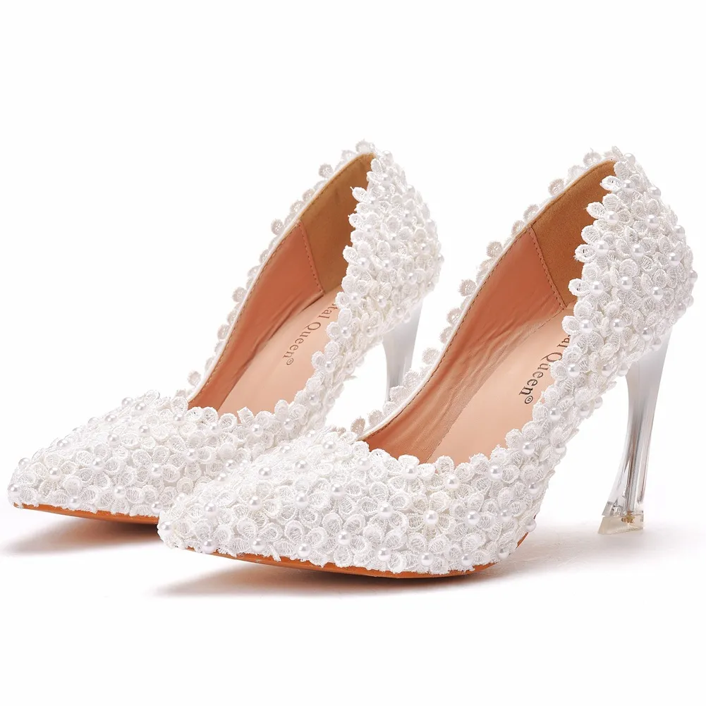 Zapatos de boda nupciales con perlas de encaje 2021 9 cm gatito tacón alto zapato de fiesta blanco de cóctel Hoco para novias dama de honor punta estrecha 35-41