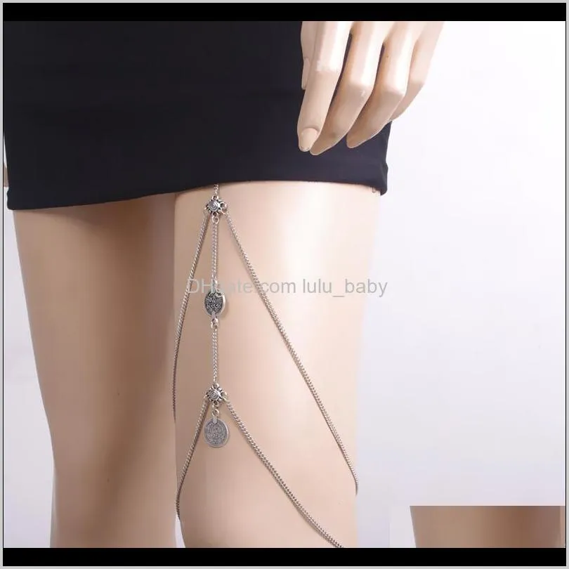 summer new arrival silver plated women`s coin tassel leg chain jewelry body chain sexy beach