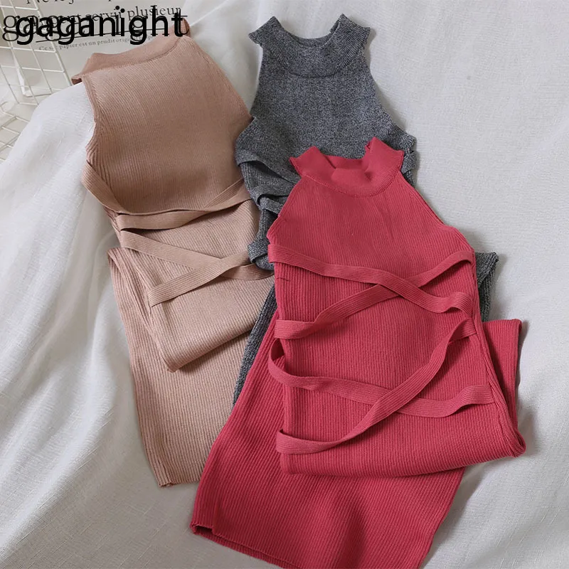 Gaganight Knitted Women Bandage Maxi Dress Sleeveless Halter Solid Bodycon Dresses Solid Slim Sexy Side Split Party Dress Female 210519