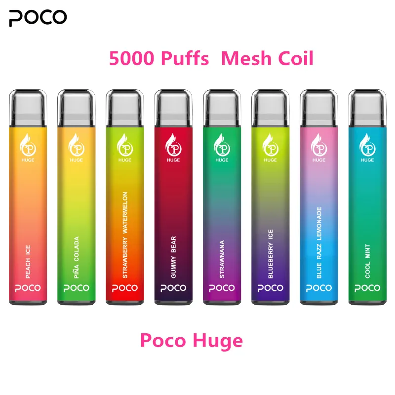 메쉬 코일 Poco 거대한 일회용 Vape 펜 전자 담배 5000 퍼프 충전식 15ML 5% 2% 0% 8 색 장치 원본 최신