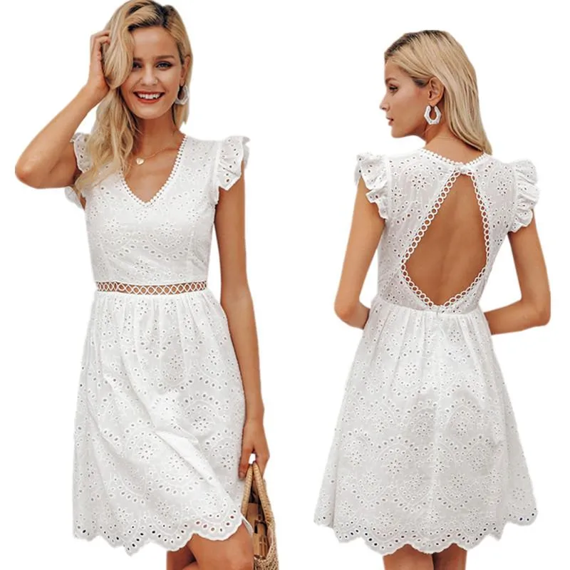 Satış Beyaz MIDI Aç Geri V Boyun Çizgisi Moda Elbise Günlük Elbiseler