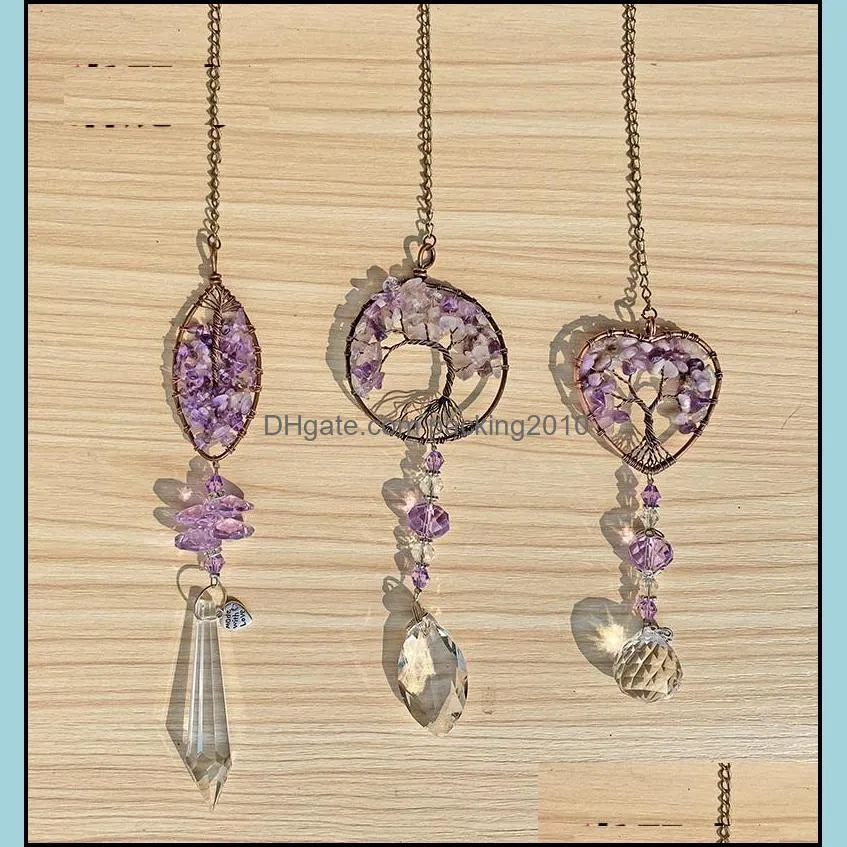 Purple Hanging Crystal Suncatcher Life Tree Stone Beads Prism Pendants Maker Drops Hang for Window, Home Decor, Car Charms