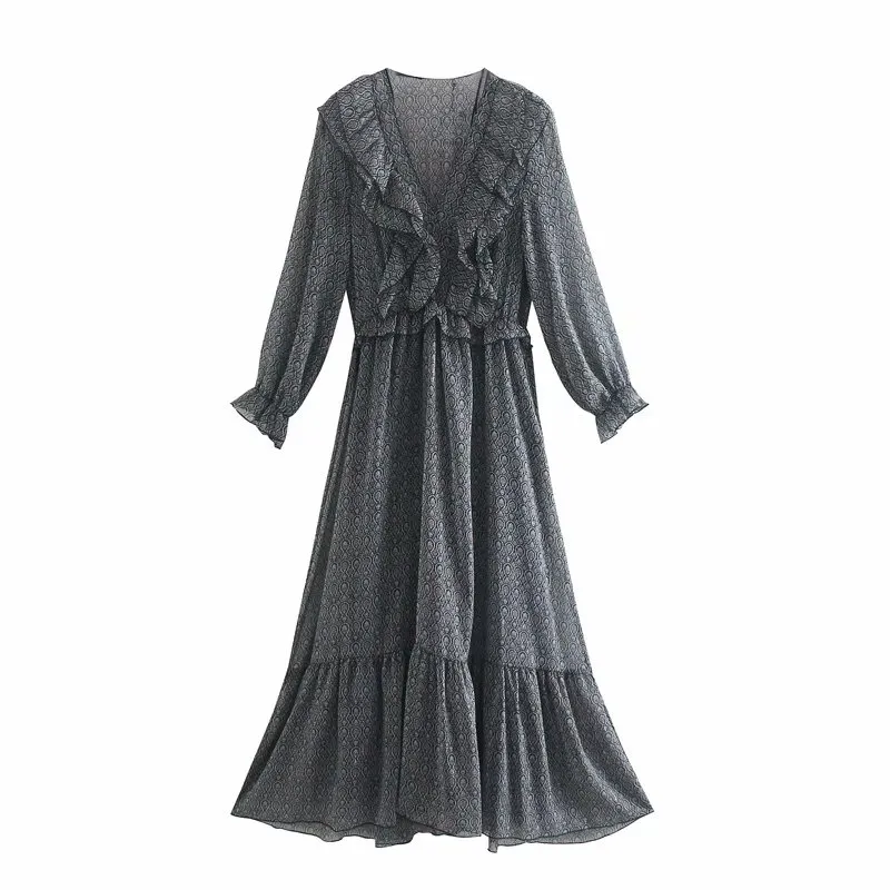 Vintage Women Grey Print Dress Fashion Ladies Ruffles V-Neck es Elegant Female Chiffon Loose Girl Chic Vestidos 210427