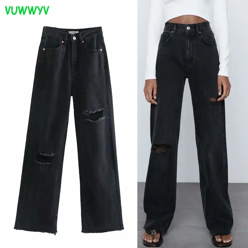 Kvinnor Jeans Black Blue Ripped Wide Leg Woman Sommar Hög Waisted Boyfriend Mom Streetwear Denim Trousers 210430