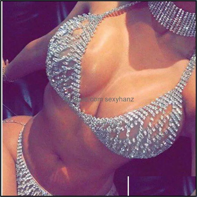 Andra kroppsmycken Mesh Crystal Chain Bra Harness Belly midja för kvinnor Rhinestone Sexig halsband BRALETTE Drop Delivery 2021 Cyekr