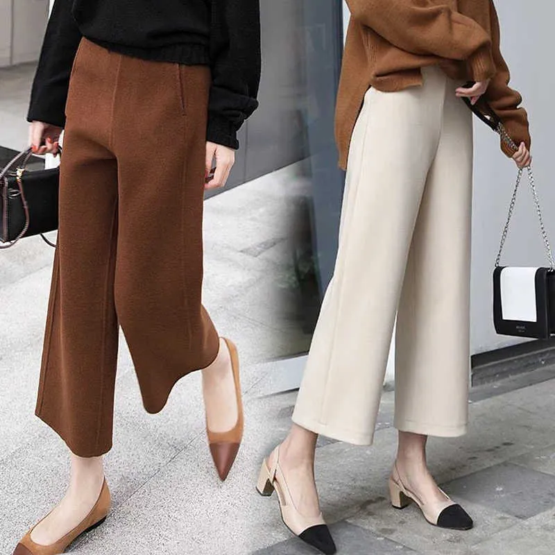 2021 Women Autumn Winter Long Woolen Wide Leg Pants Elastic High Waist Straight Casual Trousers Ankle Length Q0801